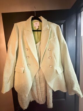 NEW House of Harlow 1960 Light Green Houndstooth Double-Breasted Tweed Blazer
